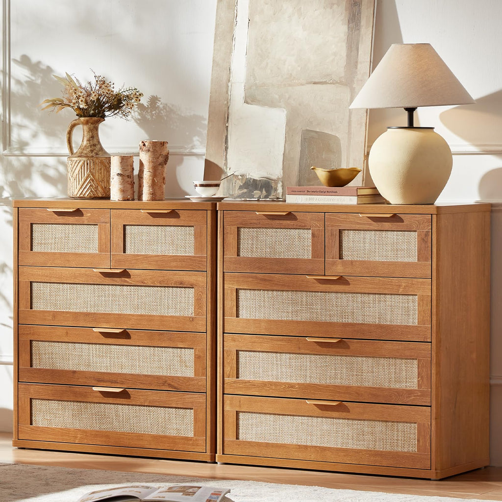 LEYAOYAO Rattan Bedroom Dresser Set of 2, Boho Wood 48" Wide 6 Drawers Dresser for Bedroom and 31.5" Tall 5 Drawers Dressers, Bedrooms Furniture, Dressers & Chests of Drawers, Living Room, Hallway