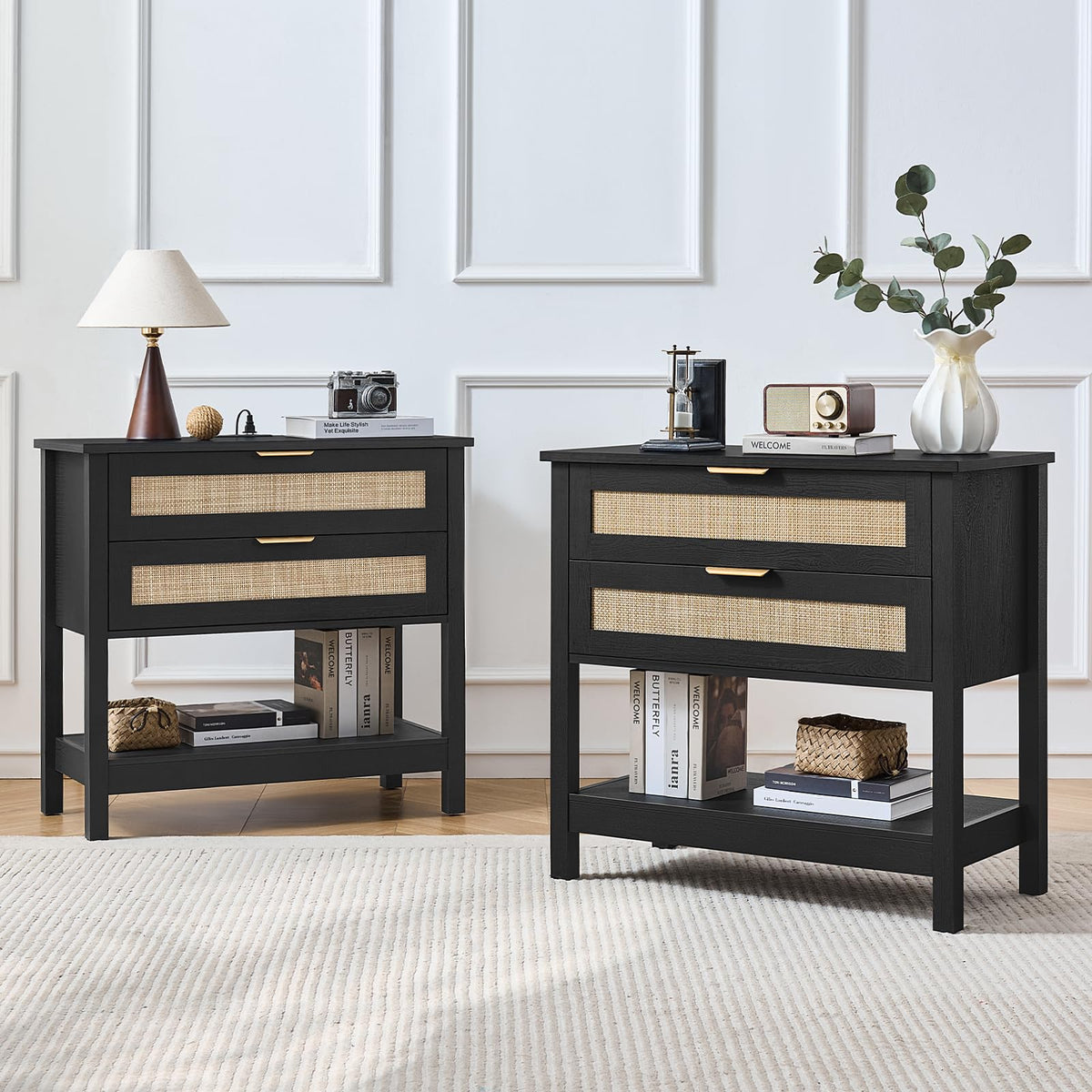 LEYAOYAO 26.8" Wide Rattan Nightstands Set of 2, Large Boho Night Stand