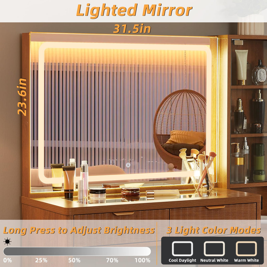 LEYAOYAO Fluted Makeup Vanity Desk with Mirror and Lights, 43.5''