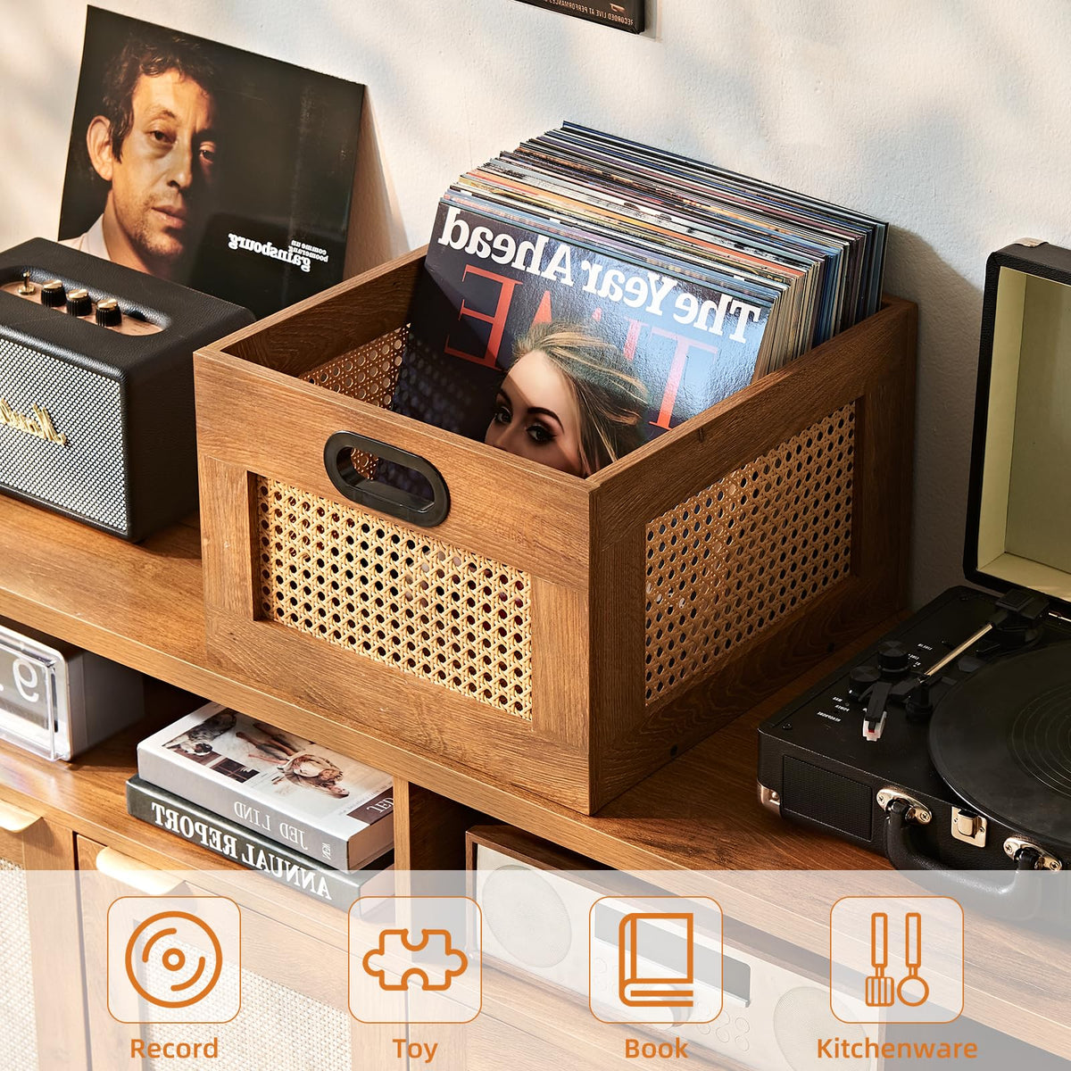 LEYAOYAO Vinyl Record Storage, Rattan Record Crate for Vinyl Albums Holder