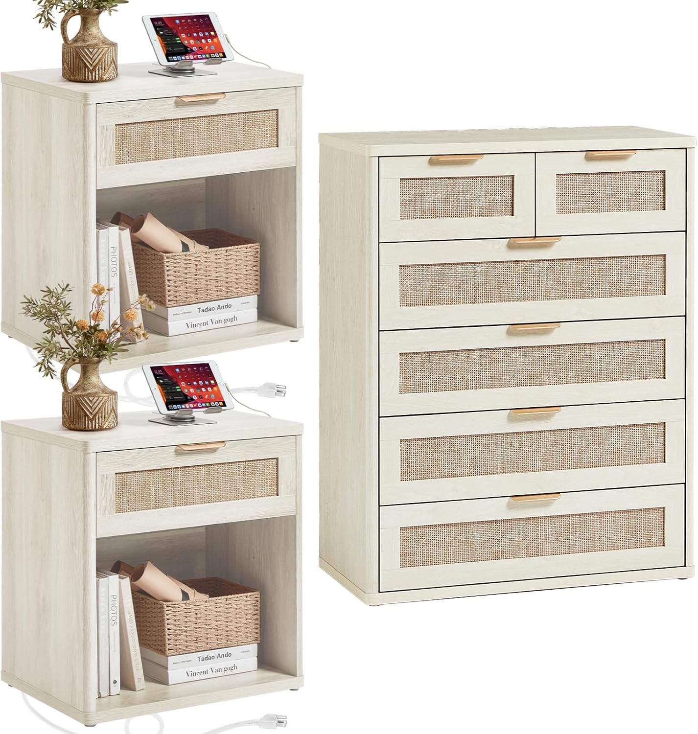 LEYAOYAO Rattan Dresser and Nightstand Set of 3, Boho Wood Dresser for Bedroom with 6 Drawers and Night Stand with Charging Station, Bedroom Furniture, Dressers & Chests of Drawers, Living Room