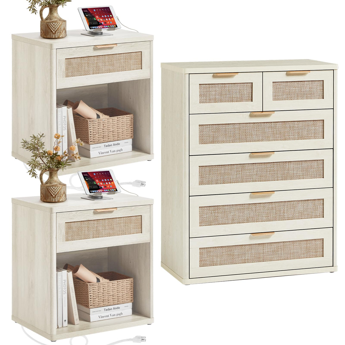 LEYAOYAO Rattan Dresser and Nightstand Set of 3, Boho Wood Dresser for Bedroom with 6 Drawers and Night Stand with Charging Station, Bedroom Furniture, Dressers & Chests of Drawers, Living Room