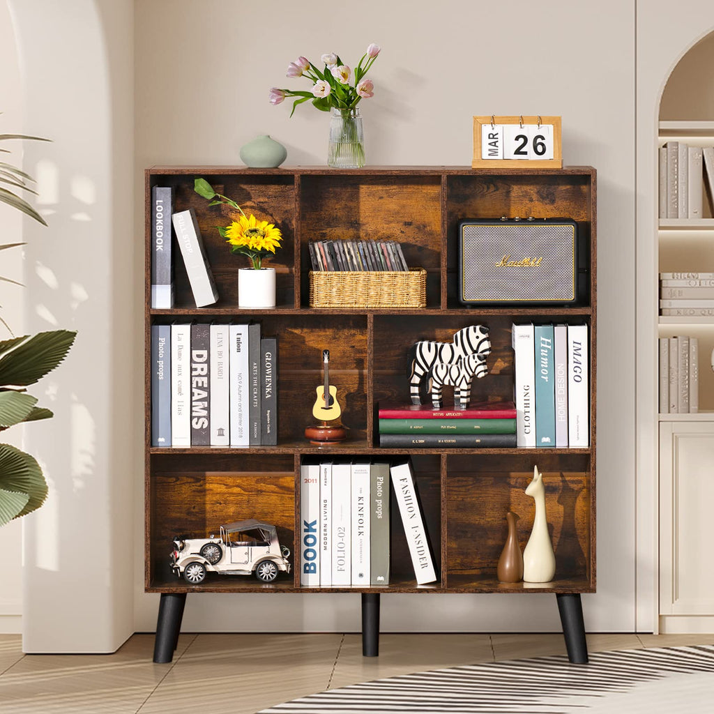 LEYAOYAO Cube Bookshelf, Mid-Century Modern Book Shelf with Legs, Brown