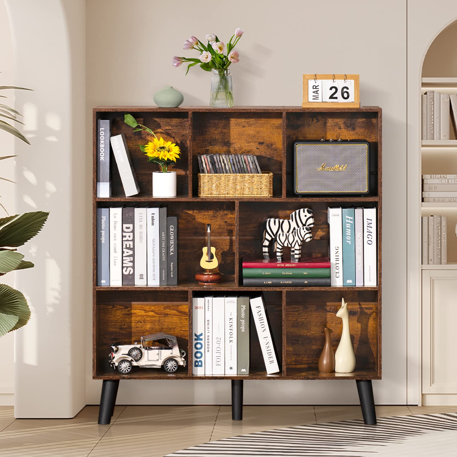LEYAOYAO Cube Bookshelf, Mid-Century Modern Book Shelf with Legs, Brown