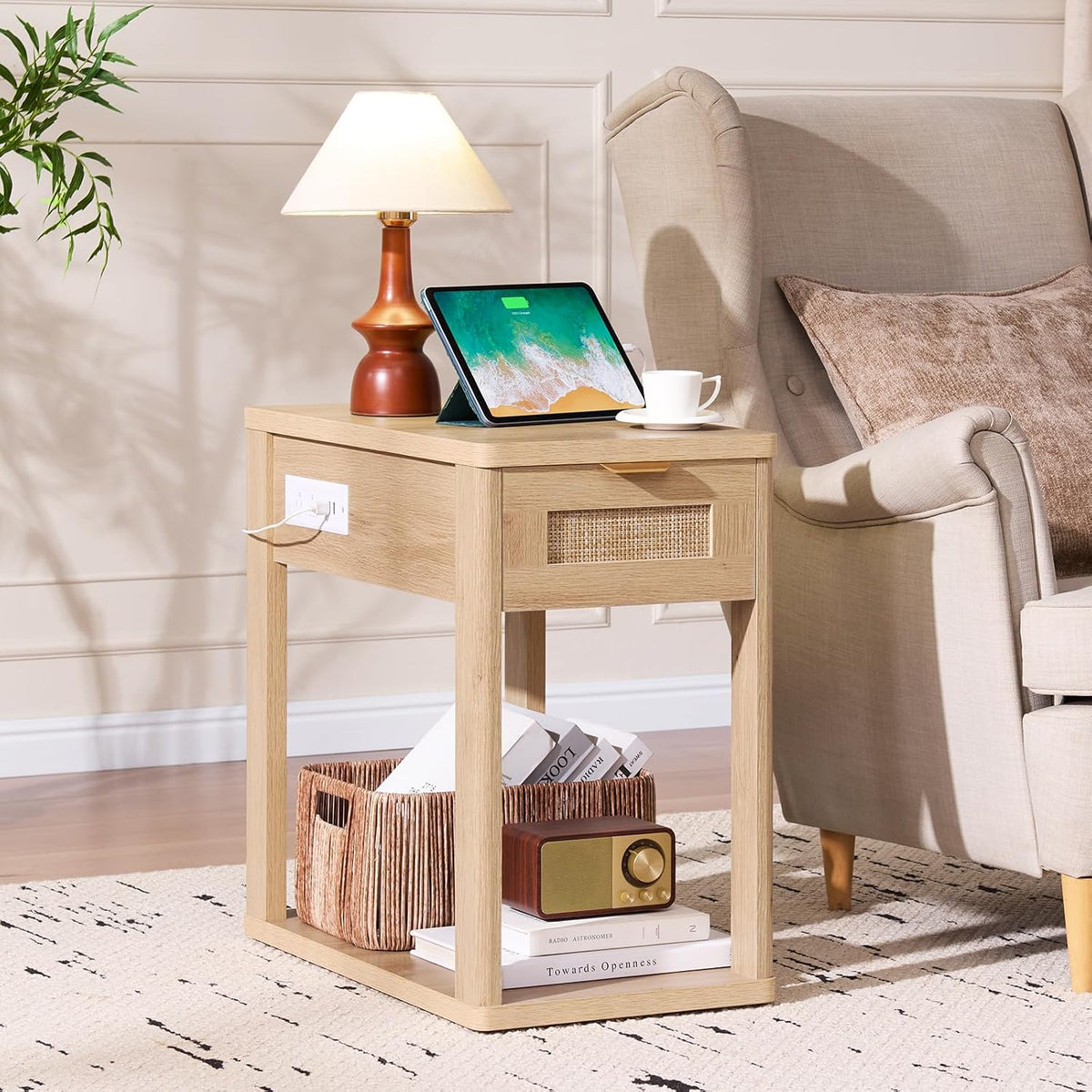 LEYAOYAO Narrow Side Table with Charging Station, Rattan 24 x 14''