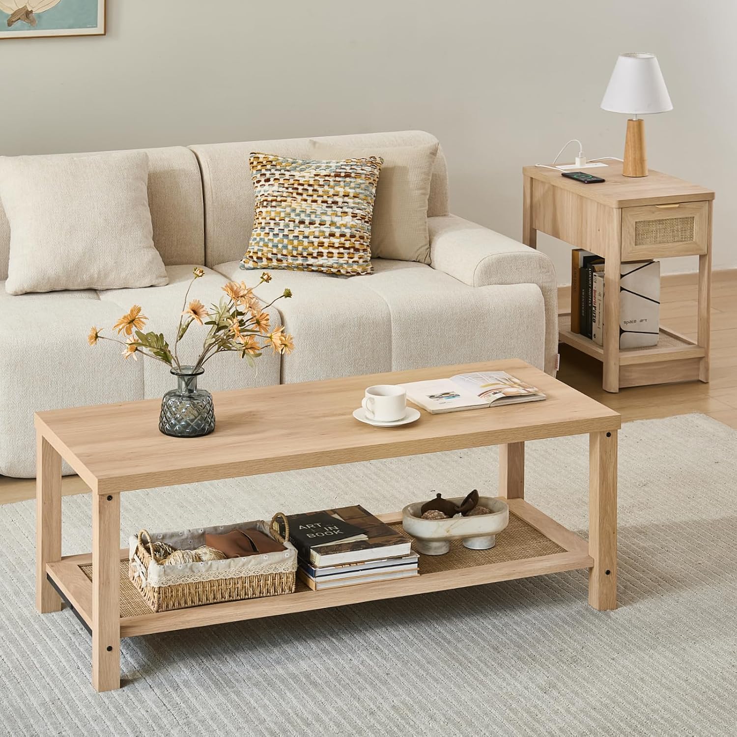 Lerliuo Farmhouse Coffee Tables for Living Room, Natural