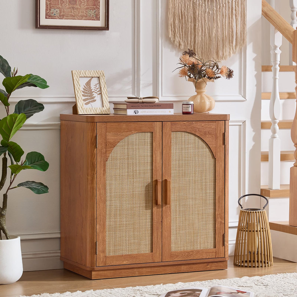 LEYAOYAO Rattan Sideboard Buffet Cabinet with Storage, 31.5" Coffee Bar Cabinet with Arch Doors & Adjustable Shelves, Wood Credenza, Boho Accent Cabinet for Kitchen, Living Room, Natural