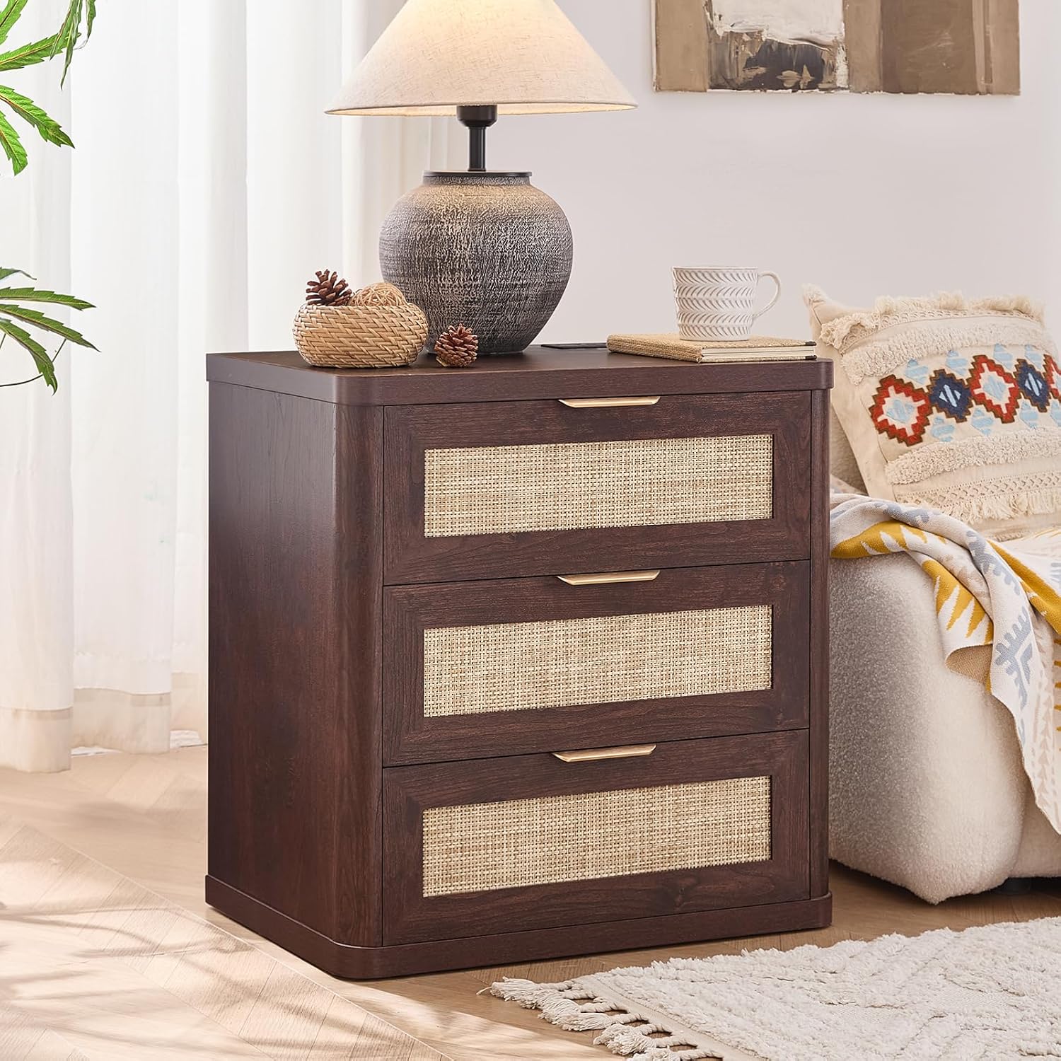 LEYAOYAO Rattan 23" Nightstands with Charger Station 2 Drawers
