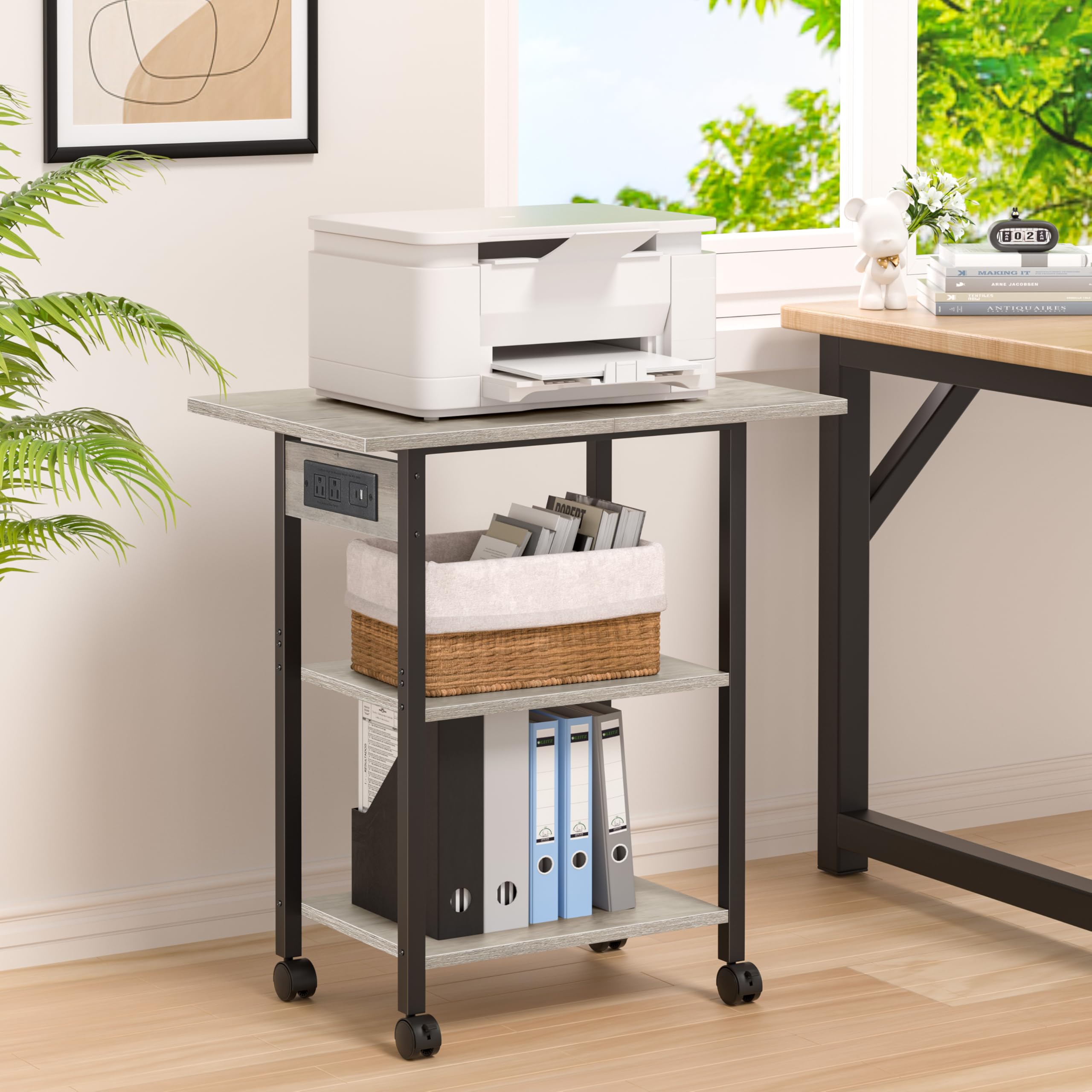Lerliuo 3-Tier Printer Stand, Industrial Mobile Printer Table with Storage Shelf and Steel Frame, Rolling Printer Cart Holder with Lockable Wheels for Home, Office (White)