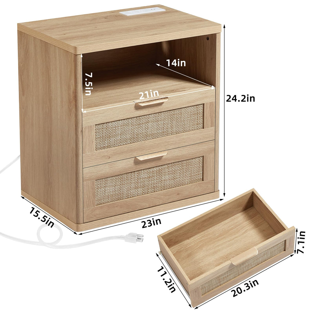 LEYAOYAO Rattan Nightstands Set of 2 with Charging Station, Boho Night Stand Dresser for Bedroom with Drawer, Grey White Bedside Table Open Storage Cabinet, Bed Side End Table, Living Room, Hallway