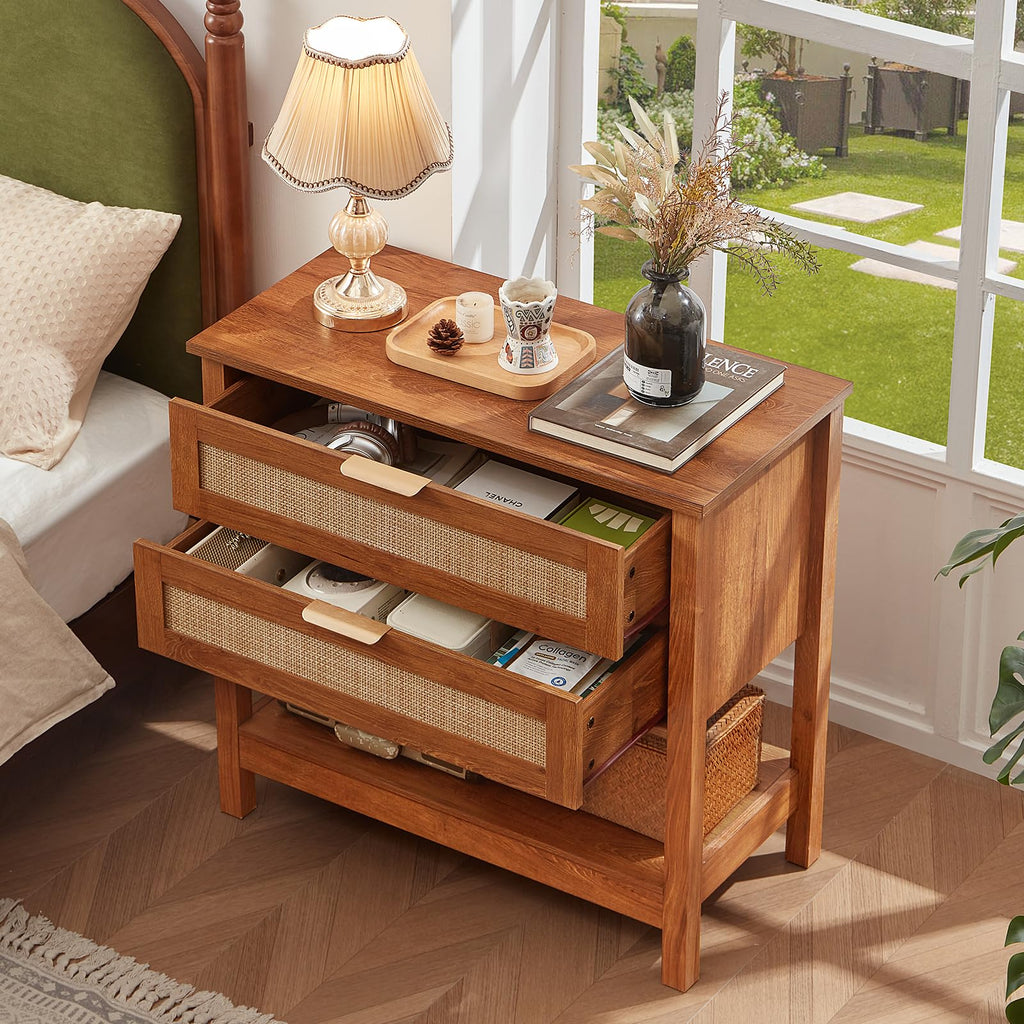 LEYAOYAO 26.8" Wide Rattan Nightstands Set of 2, Large Boho Night Stand