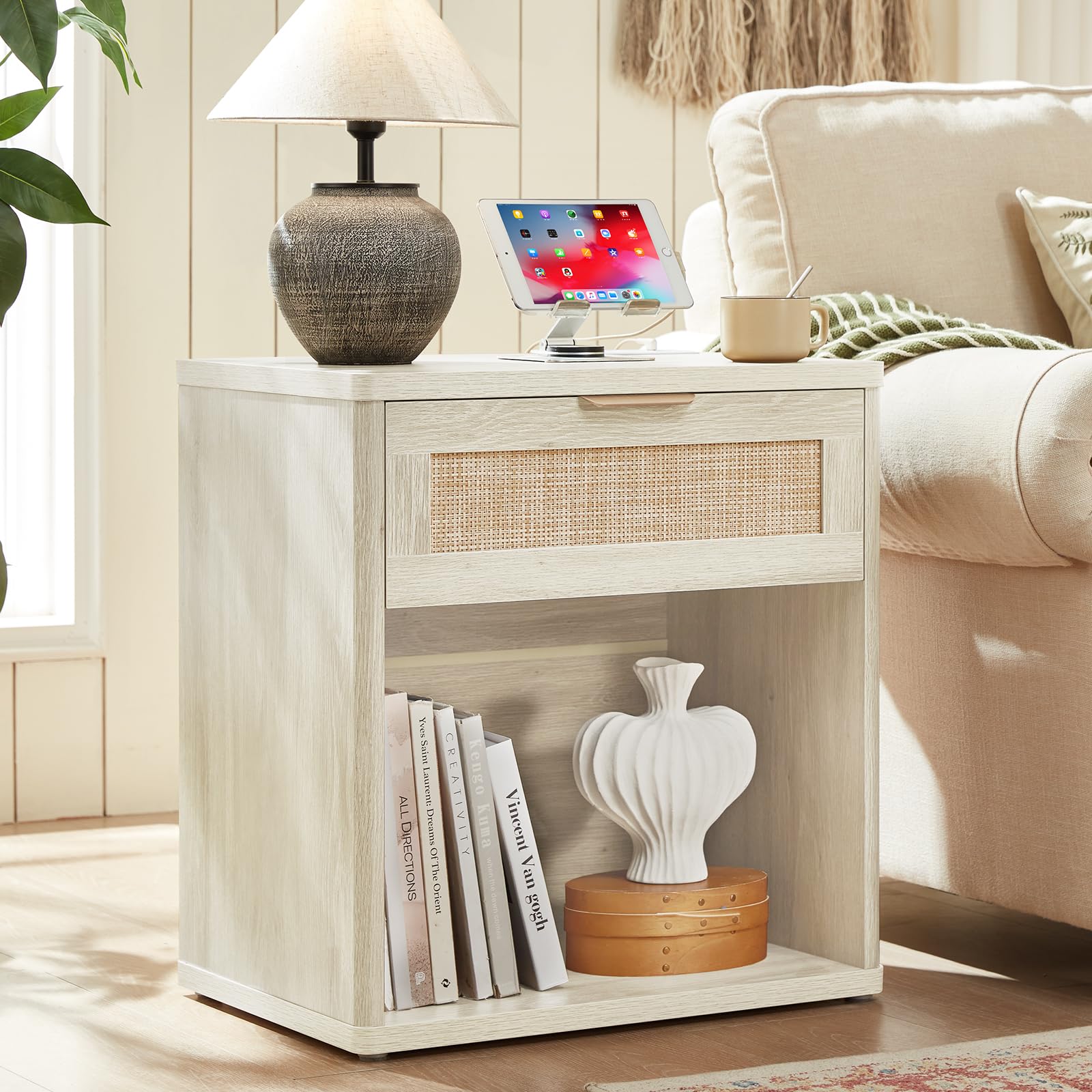 LEYAOYAO Rattan Dresser and Nightstand Sets 4 Piece, Grey White