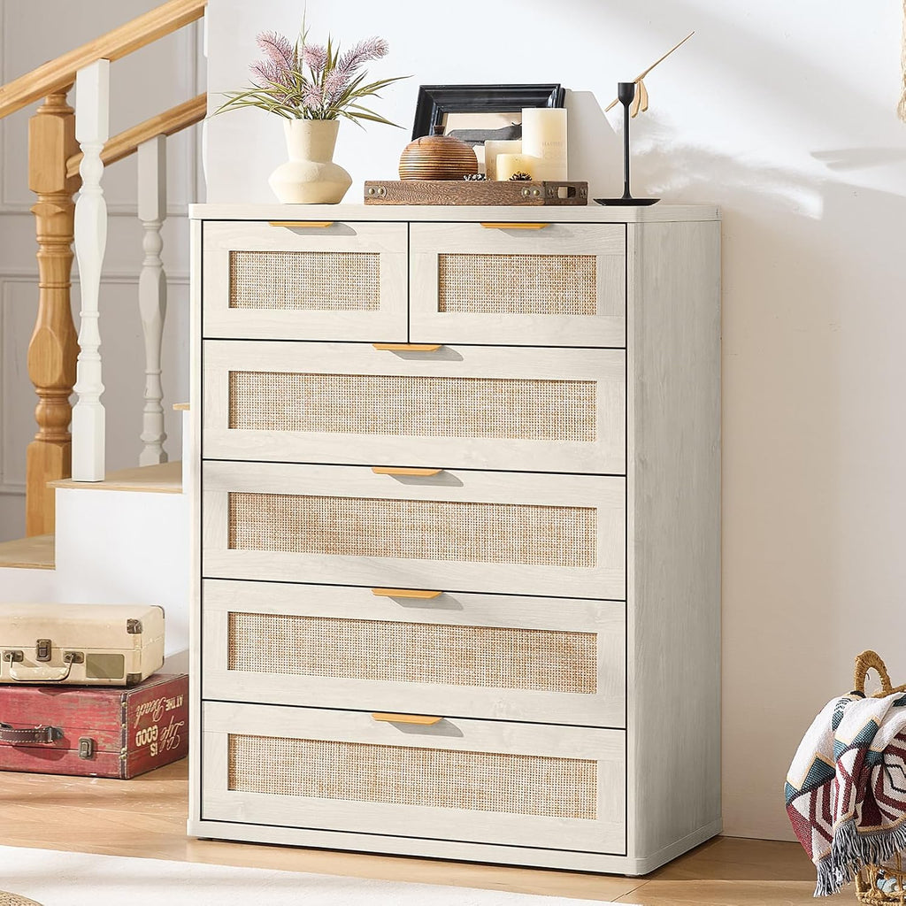 LEYAOYAO Rattan Dressers & Night Stand Set of 3, Boho Wood 48" Wide Dresser & 41"Tall Chest of Drawers, 23" with Charging Station Nightstand, Bedroom Furniture Dresser Set for Home Living Room Hallway