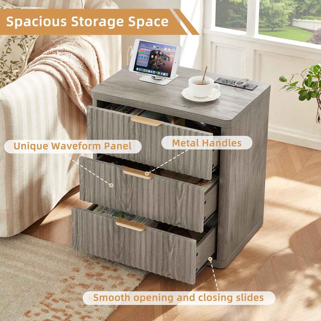 LEYAOYAO 23" Wide Fluted Night Stand with Charging Station, 3 Drawers Large End Table with Storage, LightGrey Nightstand Wood Bedside Tables, Farmhouse Cabinet Dresser for Bedroom, Closet