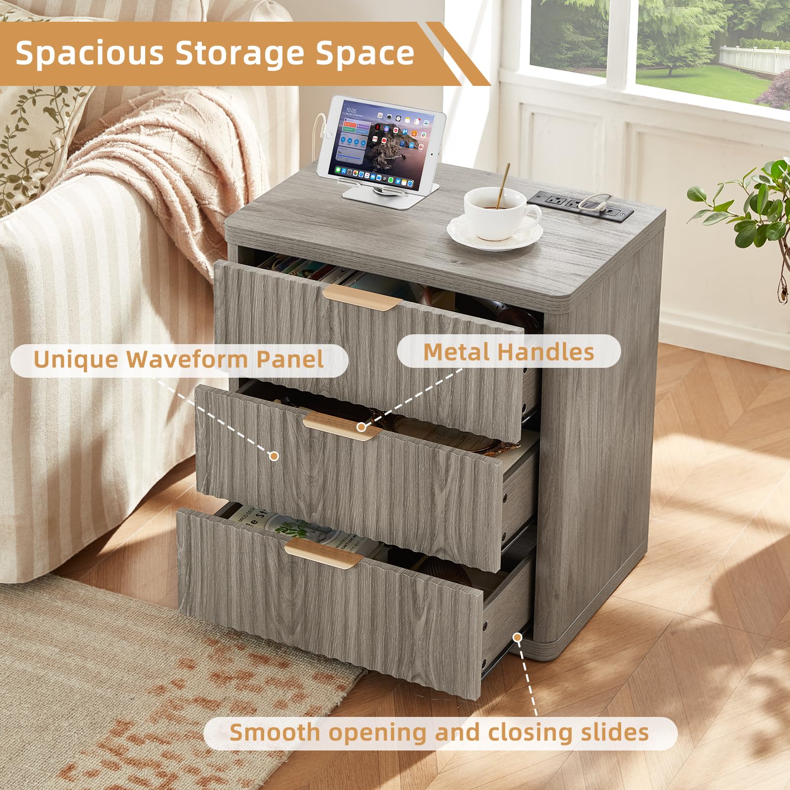 LEYAOYAO 23" Wide Fluted Night Stand with Charging Station, 3 Drawers Large End Table with Storage, LightGrey Nightstand Wood Bedside Tables, Farmhouse Cabinet Dresser for Bedroom, Closet