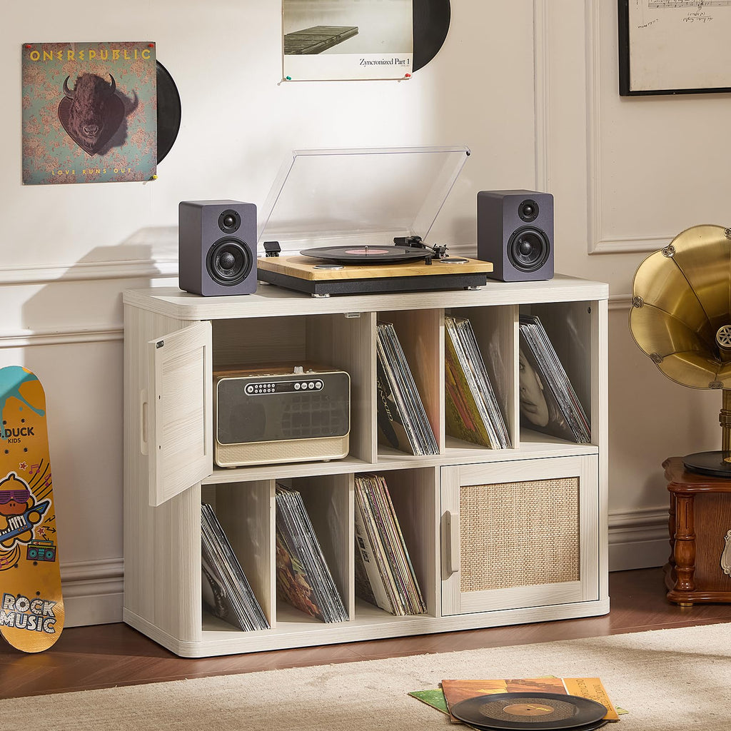 LEYAOYAO Large Record Player Stand with Vinyl Storage Up to 450 Albums, Wood Fluted Record Storage Accent Cabinet, Modern Stereo Media Cabinets, Wide Turntable Stand for Living Room, Antique White