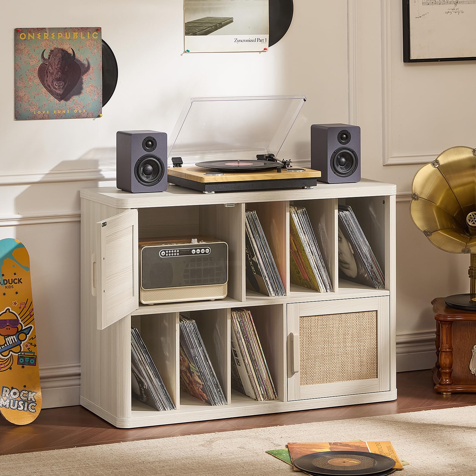LEYAOYAO Large Record Player Stand with Vinyl Storage Up to 450 Albums, Wood Fluted Record Storage Accent Cabinet, Modern Stereo Media Cabinets, Wide Turntable Stand for Living Room, Antique White
