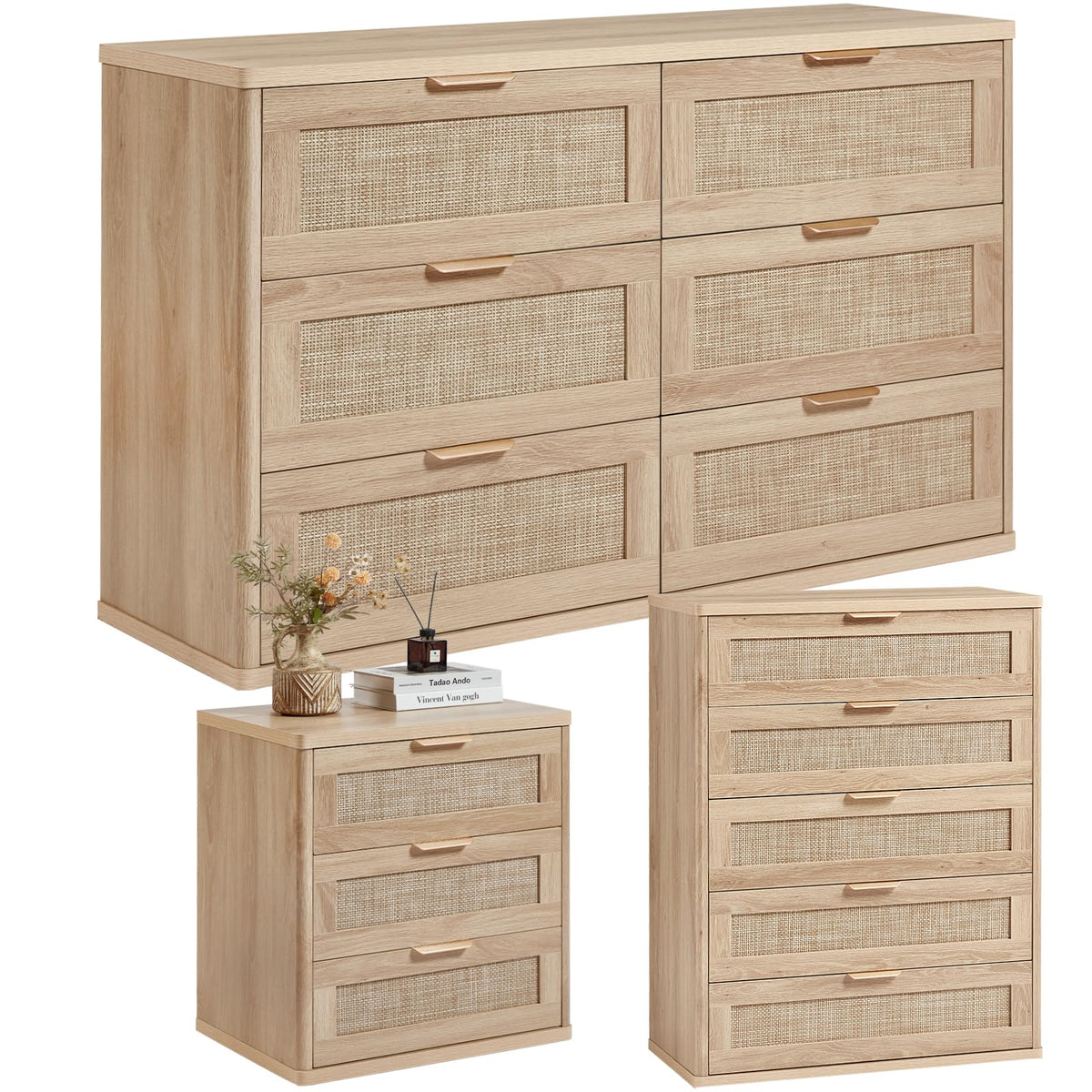 LEYAOYAO Rattan Dresser and Nightstand Set of 3, Boho Wood Dresser for Bedroom with 6 Drawers and Night Stand with Charging Station, Bedroom Furniture, Dressers & Chests of Drawers,Hallway,Living Room