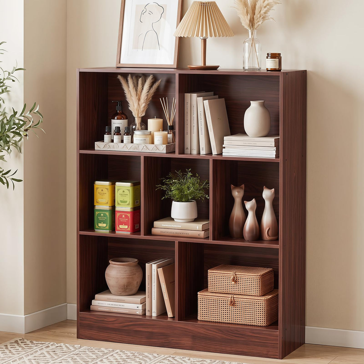 LEYAOYAO 7 Cube Bookshelf with Base,3 Tier Mid-Century Modern Blue Bookcase,Standing Wide Bookshelves Storage Organizer Shelf,Rustic Wood Display Cabinet Book Shelves for Bedroom,Living Room,Office