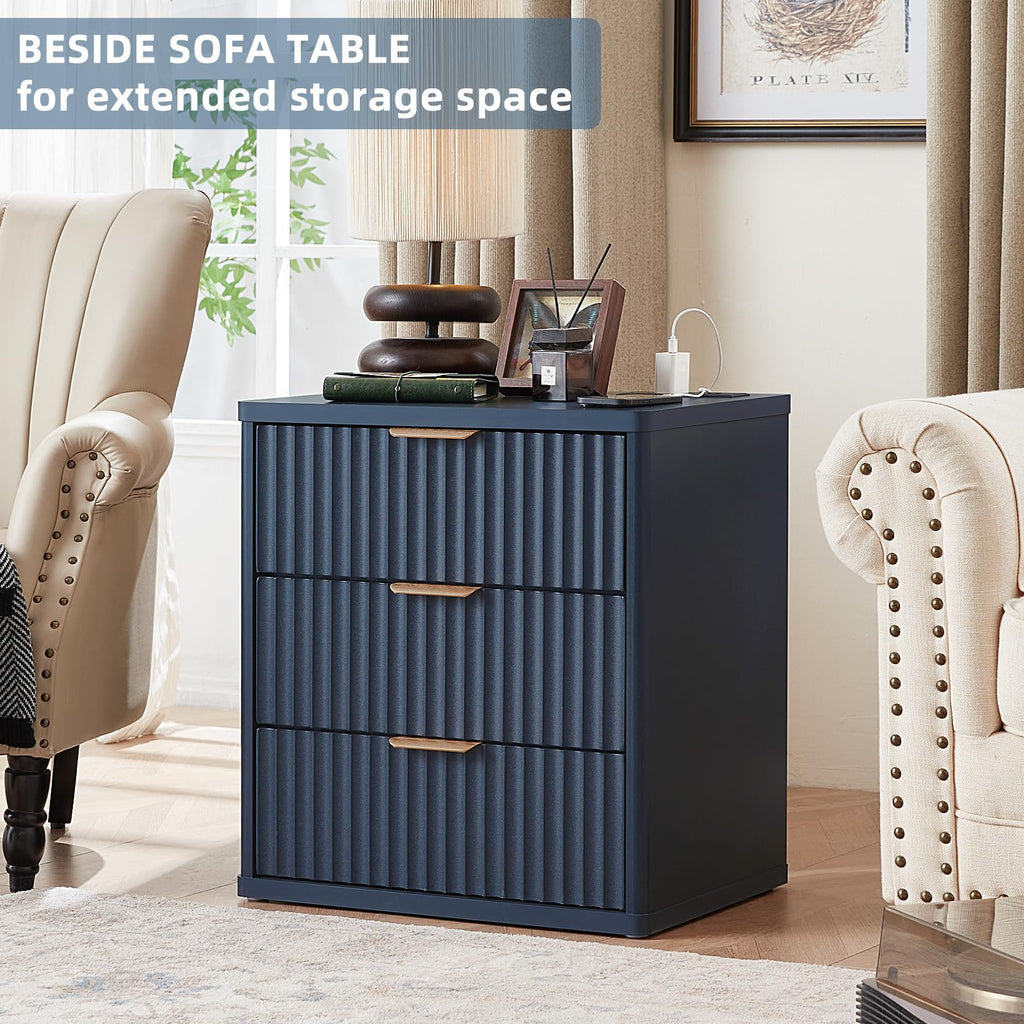 Lerliuo Fluted Nightstand with Charging Station, 23" Wide 2 Drawers End Table, Blue Night Stand with Open Storage Cabinet, Farmhouse Bed Side Tables, Wood Dresser for Bedroom