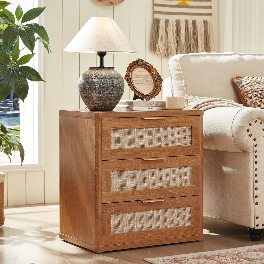 LEYAOYAO Rattan Nightstand Set of 2 with Charging Station, 1 & 2 Drawers Boho Night Stand Dresser for Bedroom, Natural Wood Bedside Table Open Storage Cabinet, Bed Side End Tables, Living Room,Hallway
