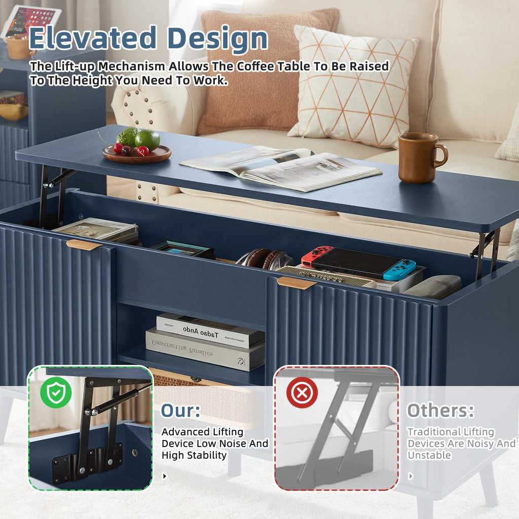 LEYAOYAO Fluted Lift Top Coffee Table and Nightstand Set,Wood 48" Wide Center Tables & 23" Night Stand with 3 Drawers,Farmhouse Living Room Suites for Bedroom Home Living Room Hallway,Blue