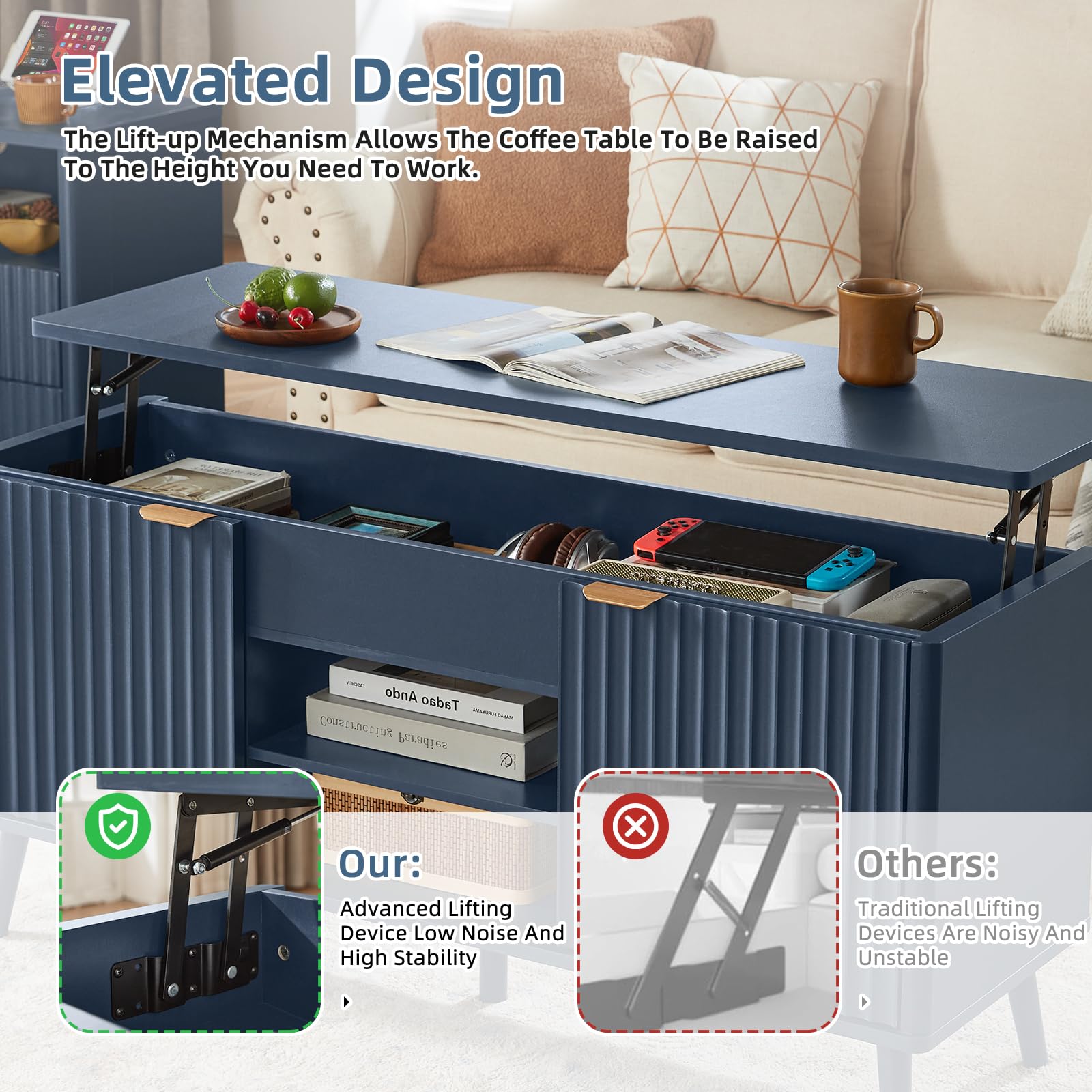 LEYAOYAO Fluted Lift Top Coffee Table and Nightstand Set,Wood 48" Wide Center Tables & 23" Night Stand with 3 Drawers,Farmhouse Living Room Suites for Bedroom Home Living Room Hallway,Blue