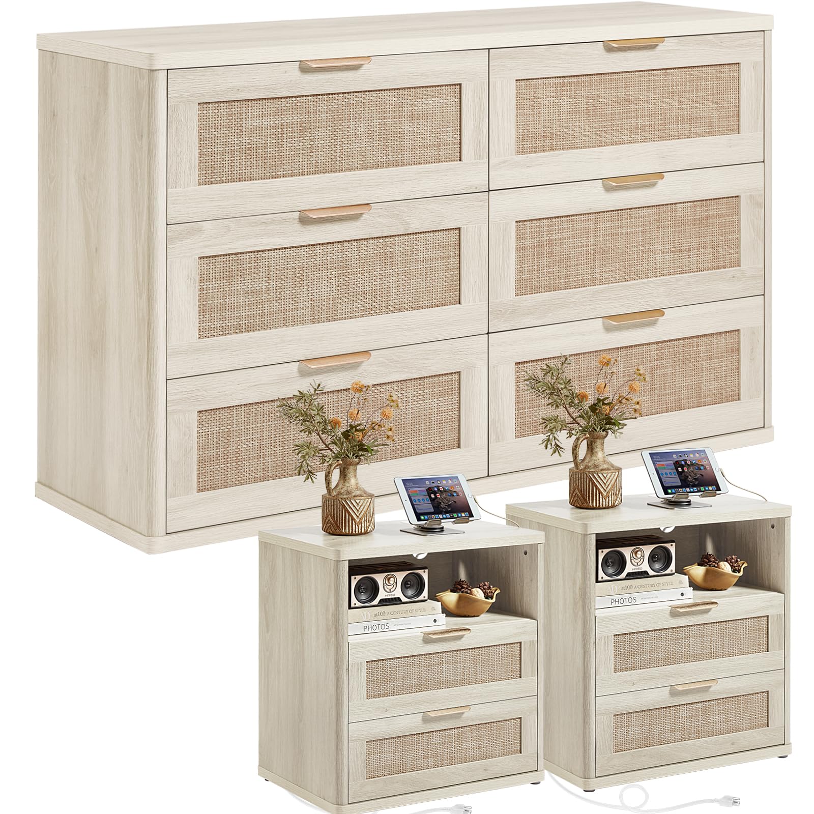 LEYAOYAO Rattan Dresser and Nightstand Sets 3 Piece, Natural
