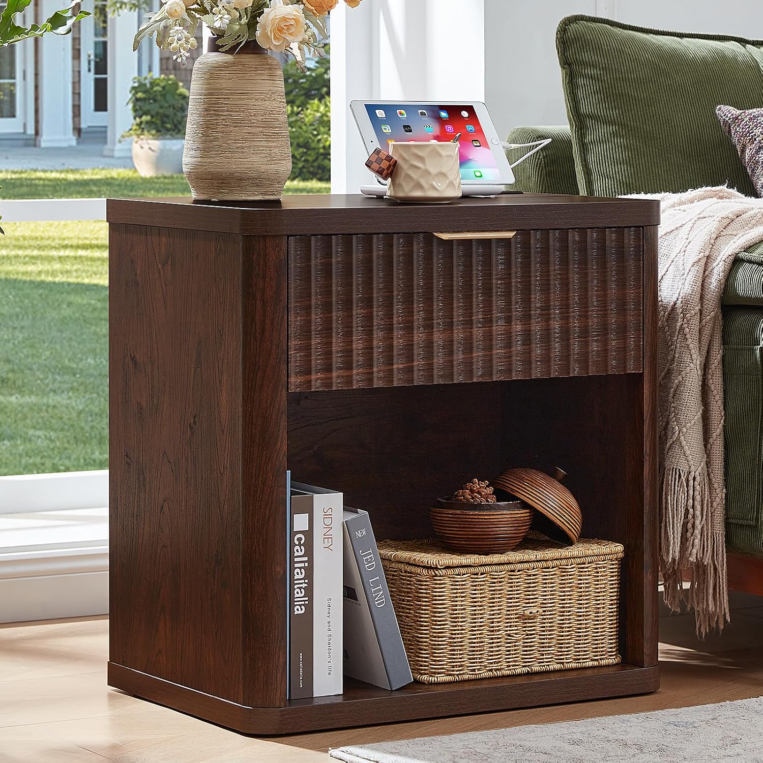 LEYAOYAO 23" Wide Fluted Night Stand with Charging Station, 3 Drawers Large End Table with Storage, Natural Nightstand Wood Bedside Tables, Farmhouse Cabinet Dresser for Bedroom, Closet