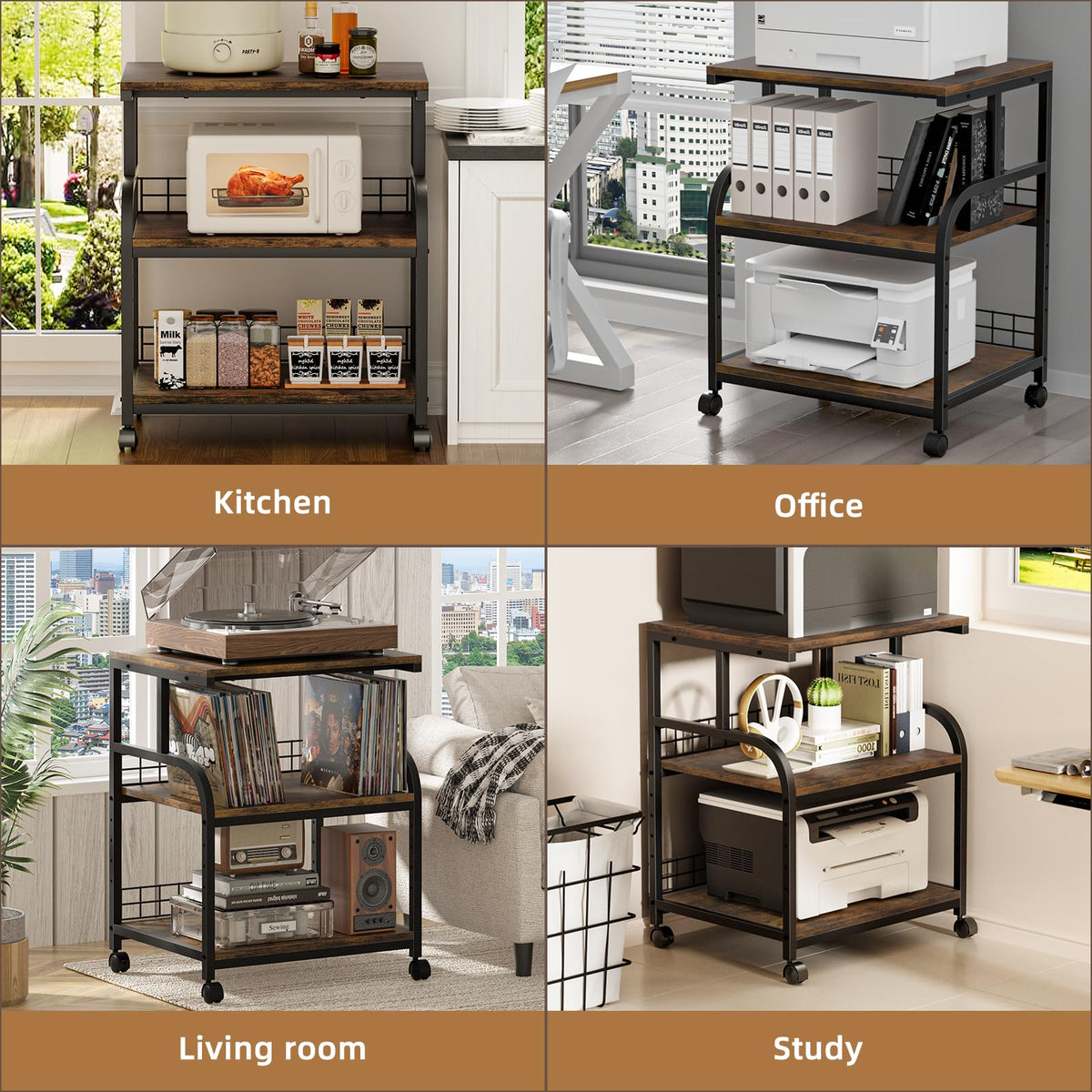Lerliuo 3 Tier Black Large Printer Stand with Adjustable Storage Shelf