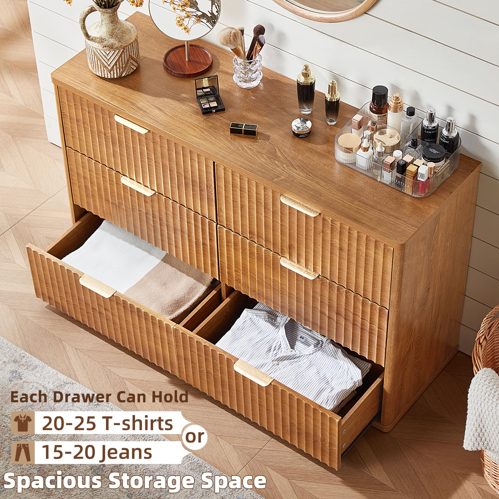 LEYAOYAO 48" Wide Fluted Dresser and 1 Drawers 23" Nightstand Set of 2, Wooden Dresser & Night Stand with Charging Station, 3 Piece Bedroom Furniture Set, Chest of Drawer for Living Room,Antique White