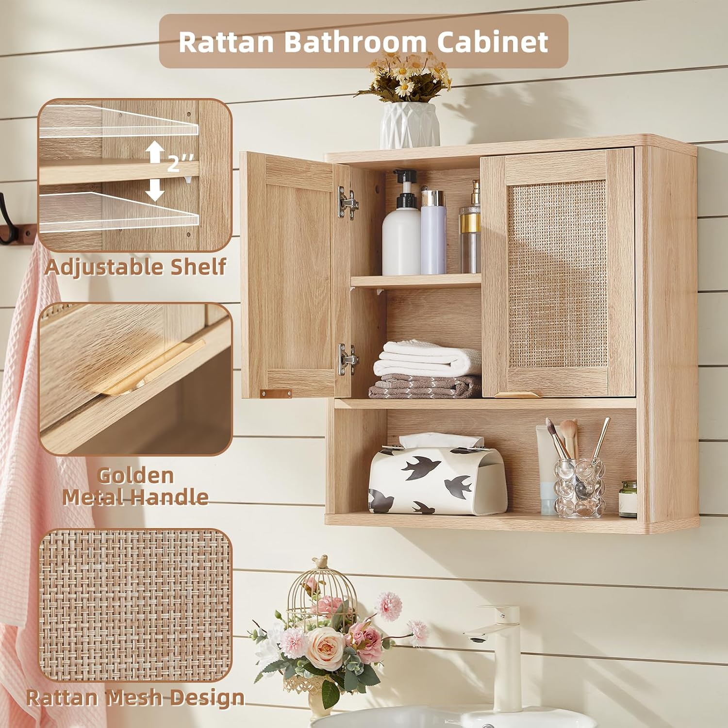 Lerliuo Rattan Bathroom Wall Cabinet, Boho Natural Medicine Cabinet with Adjustable Wood Shelf, 2 Doors Over The Toilet Storage Cabinets for Laundry Room, Kitchen, Living Room