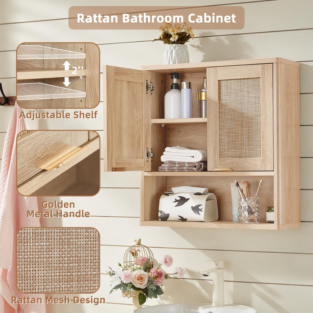 Lerliuo Rattan Bathroom Wall Cabinet, Boho Natural Medicine Cabinet with Adjustable Wood Shelf, 2 Doors Over The Toilet Storage Cabinets for Laundry Room, Kitchen, Living Room