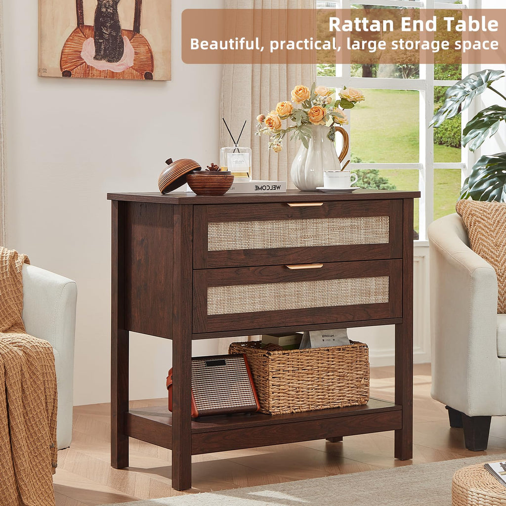 Lerliuo 31.5" Wide Rattan Nightstand,Oversized Large Boho Night Stand with 2 Drawers, 30" Tall Grey White Bedside Table with Storage Shelf, Bed Side End Tables for Bedroom, Living Room, Hallway