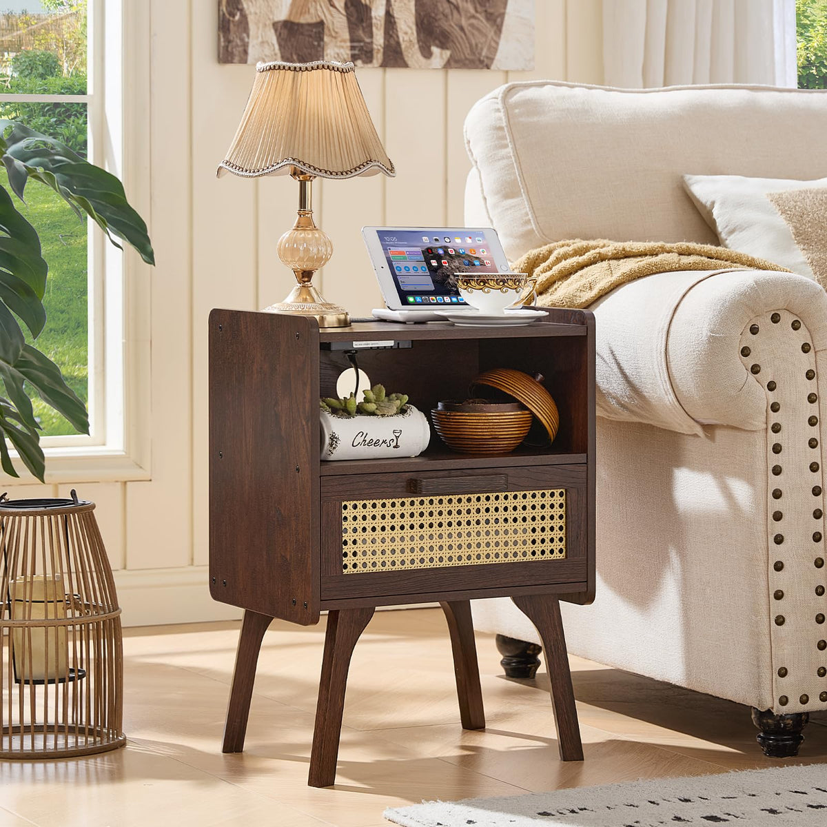 Lerliuo Rattan Nightstand with Charging Station, Boho Night Stand