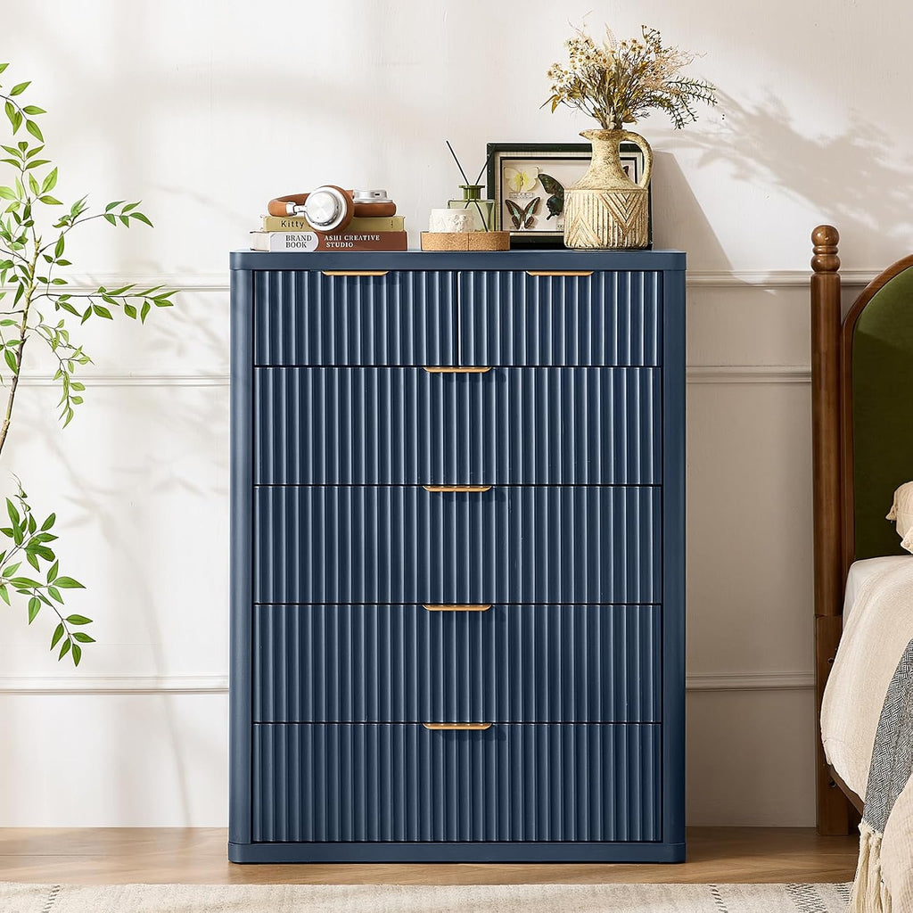 LEYAOYAO Fluted 6 Drawers Dresser for Bedroom Set of 2, 42" Tall Modern Chest of Drawers with Metal Handle, Curved Profile Design,Wood Drawer Organizer for Bedroom, Living Room, Hallway,Blue