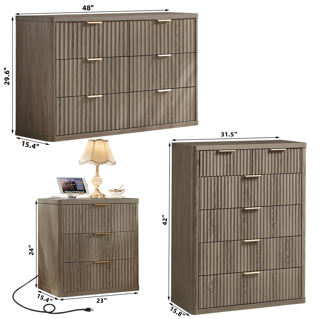 LEYAOYAO Fluted Dressers & Nightstand Set of 4, Wood 48" Wide Dresser & 42" Tall Chest of Drawers,Modern Bedroom Furniture Sets, Natural Wooden Nightstand Set of 2 with 3 Drawers & Charging Station