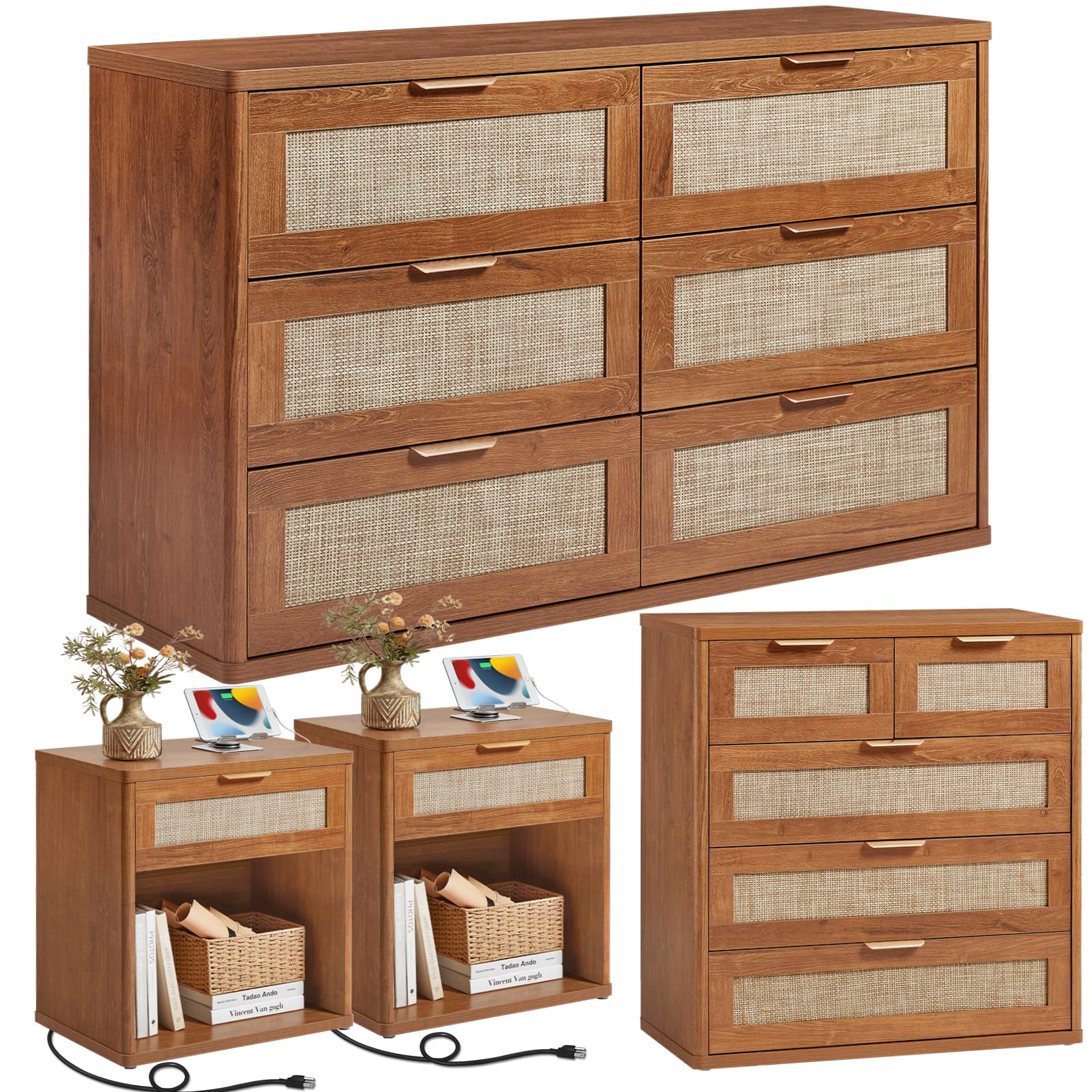 LEYAOYAO Rattan Dresser and Nightstand Sets 4 Piece, Boho Wood Dresser for Bedroom with 6 Drawers and Night Stand with Charging Station, Bedroom Furniture, Dressers & Chests of Drawers, Hallway