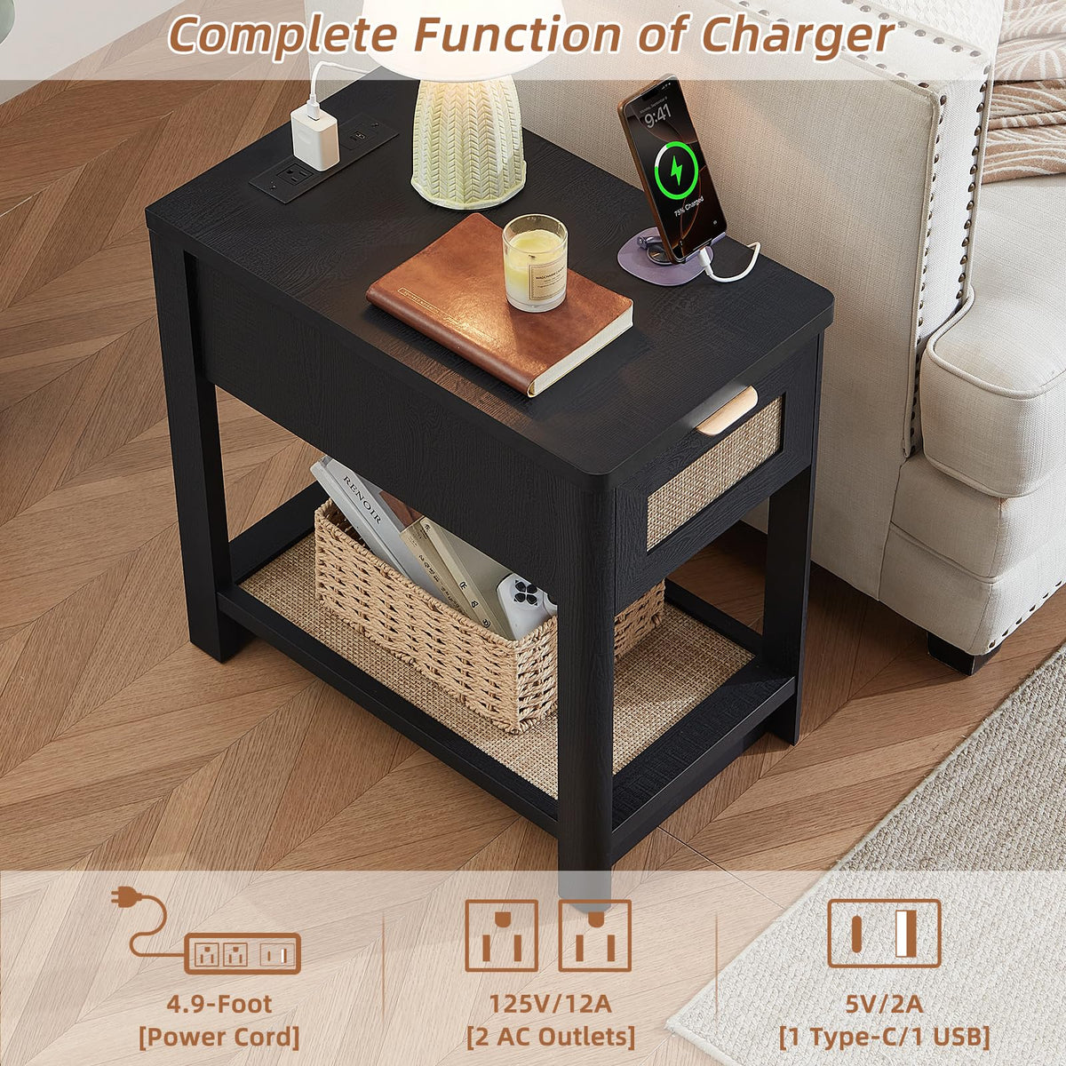 Lerliuo 24 x 14'' Narrow Night Stand Set 2 with Charger USB Ports