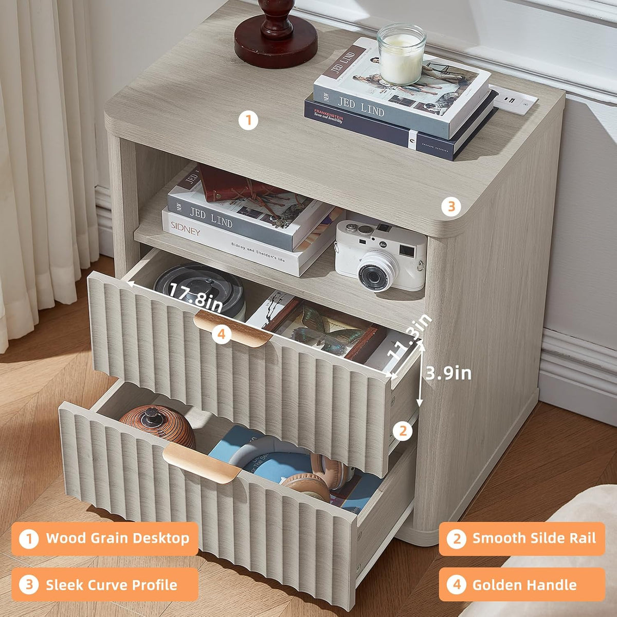 LEYAOYAO 23" Wide Fluted Night Stand with Charging Station, 2 Drawers Large End Table with Storage, LightGrey Nightstand Wood Bedside Tables, Farmhouse Cabinet Dresser for Bedroom, Closet