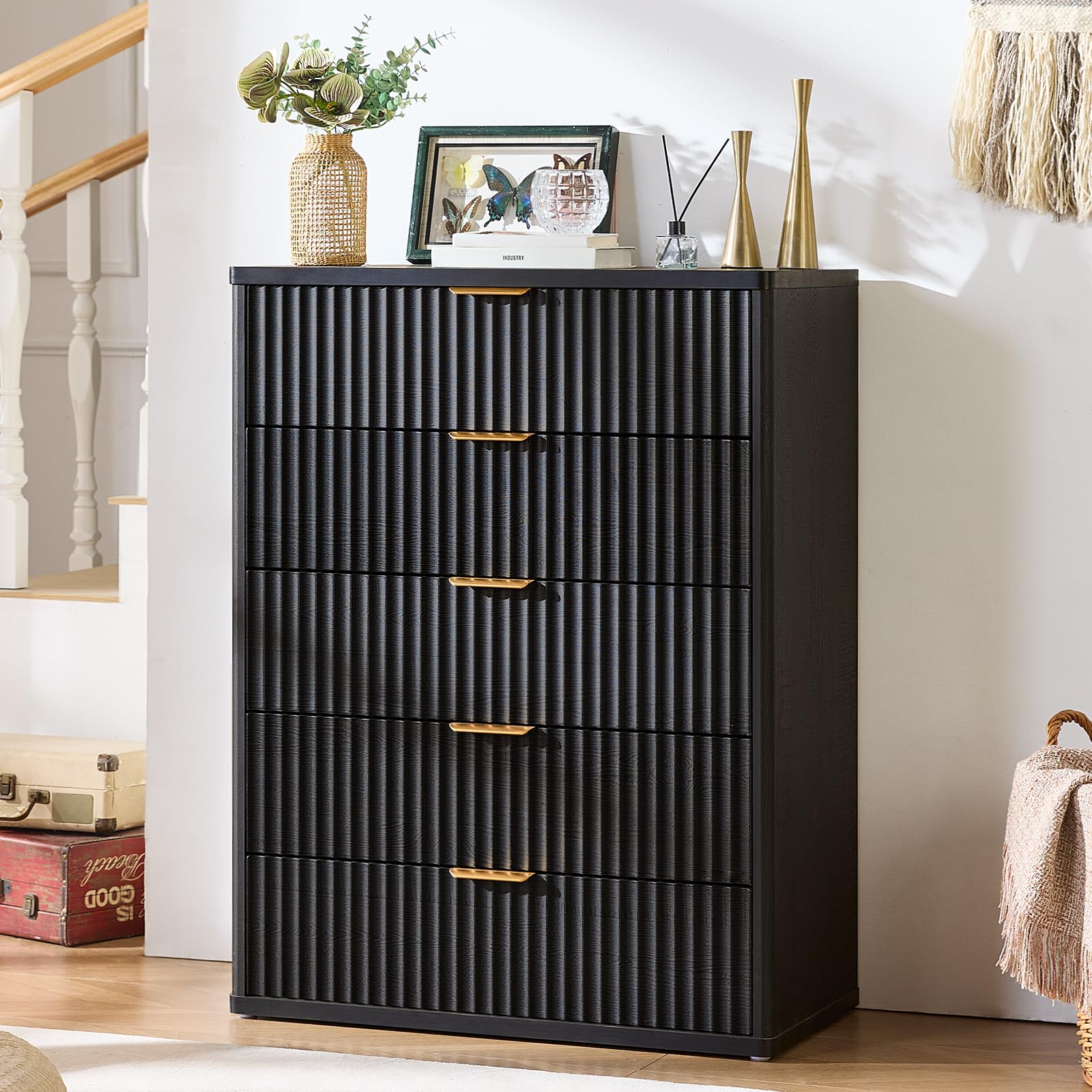 LEYAOYAO Fluted 5 Drawers Dresser for Bedroom, 41" Tall Modern Chest of Drawers with Metal Handle, Curved Profile Design,Natural Wood Drawer Organizer for Bedroom, Living Room, Hallway, Entryway