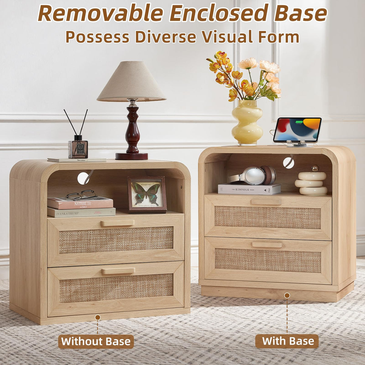 LEYAOYAO Rattan Nightstands Set of 2 with Charging Station, Natural