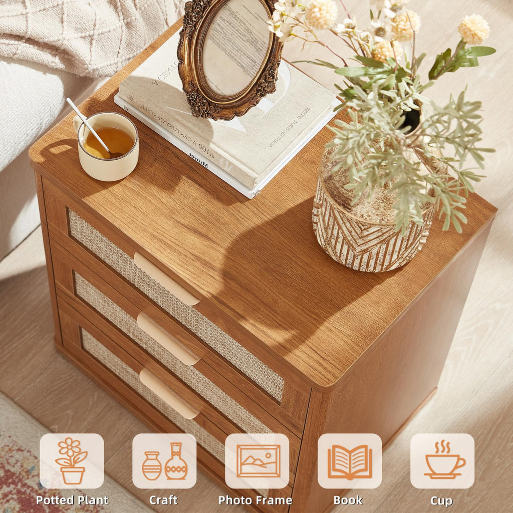Lerliuo Rattan NightStand with Charger Station, 23" Wide Boho Bedside Table with Drawers, Natural Wood Night Stand Open Storage Cabinet, Bed Side End Table Dresser for Living Room, Hallway, Bedroom