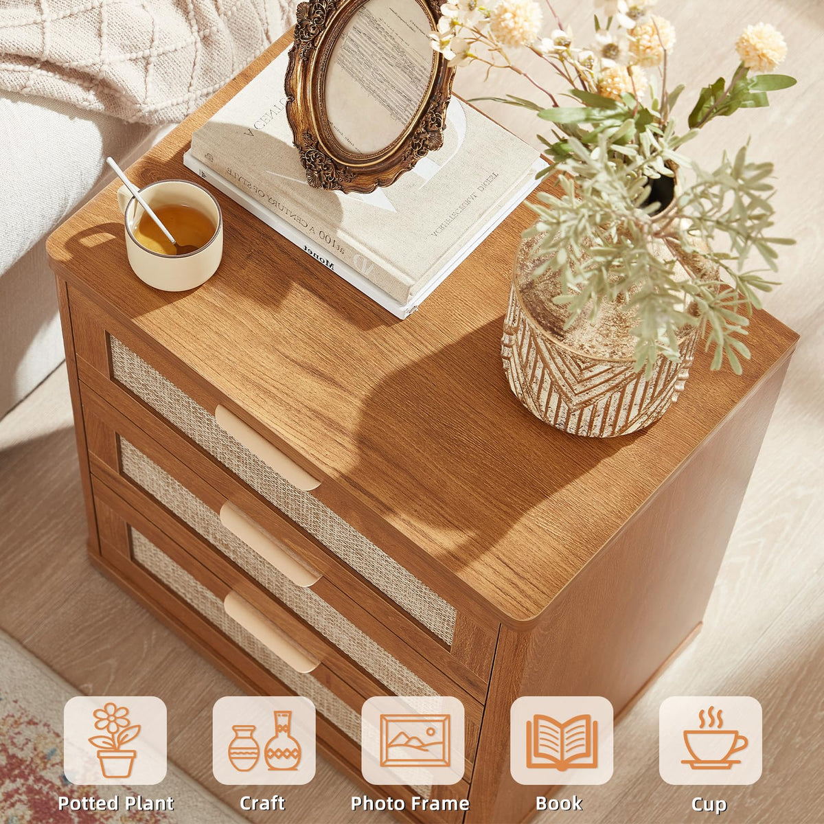 Lerliuo Rattan NightStand with Charger Station, 23" Wide Boho Bedside Table with Drawers, Natural Wood Night Stand Open Storage Cabinet, Bed Side End Table Dresser for Living Room, Hallway, Bedroom