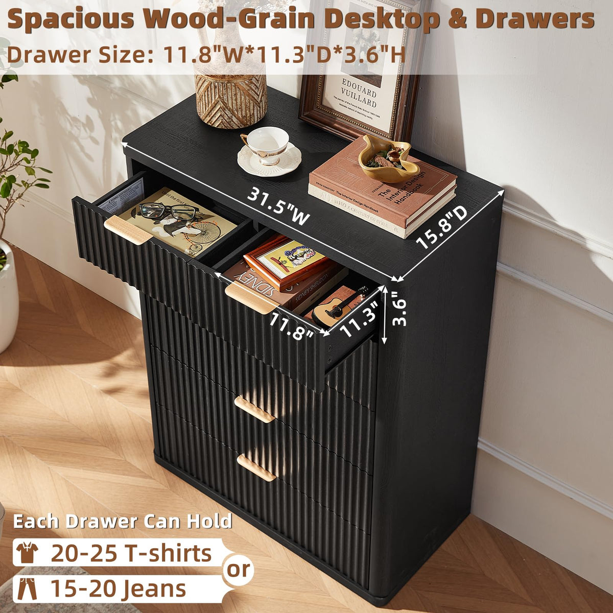 LEYAOYAO Fluted Dressers & Nightstand Set of 4, Wood 48" Wide Dresser & 42" Tall Chest of Drawers,Modern Bedroom Furniture Sets, Black Wooden Nightstand Set of 2 with 2 Drawers & Charging Station