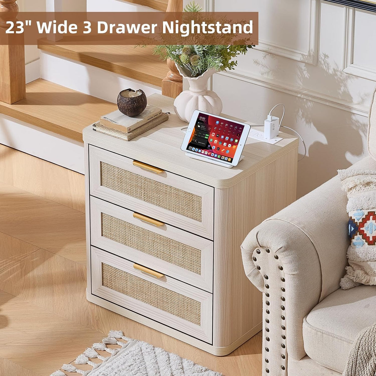 LEYAOYAO Rattan 23" Nightstands with Charger Station 2 Drawers