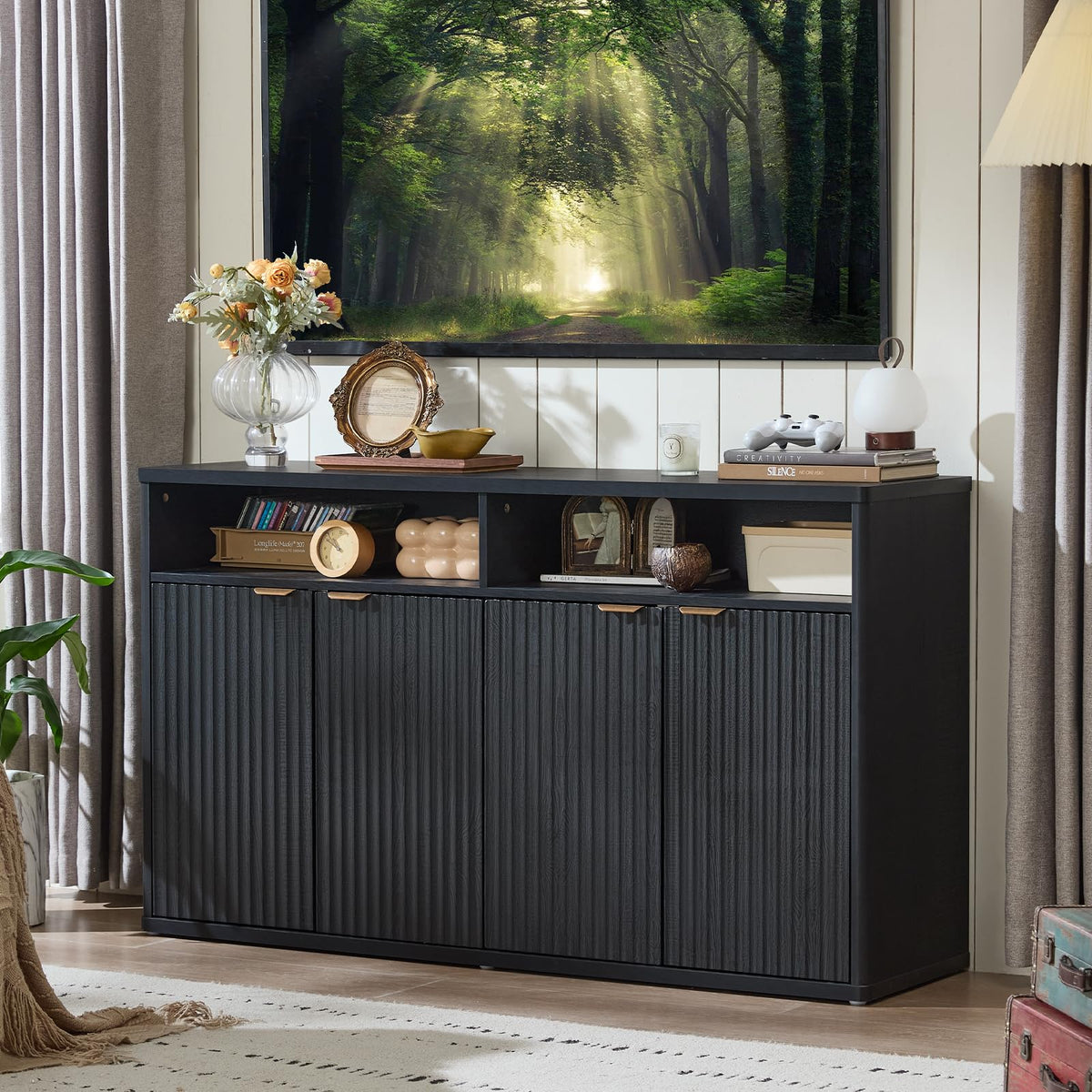 LEYAOYAO 45-Inch Fluted Buffet Cabinet with 3 Doors,Dark Blue