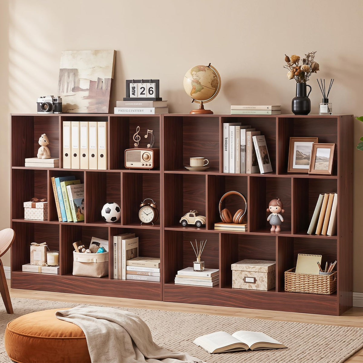 LEYAOYAO 7 Cube Bookshelf with Base,3 Tier Mid-Century Modern Blue Bookcase,Standing Wide Bookshelves Storage Organizer Shelf,Rustic Wood Display Cabinet Book Shelves for Bedroom,Living Room,Office