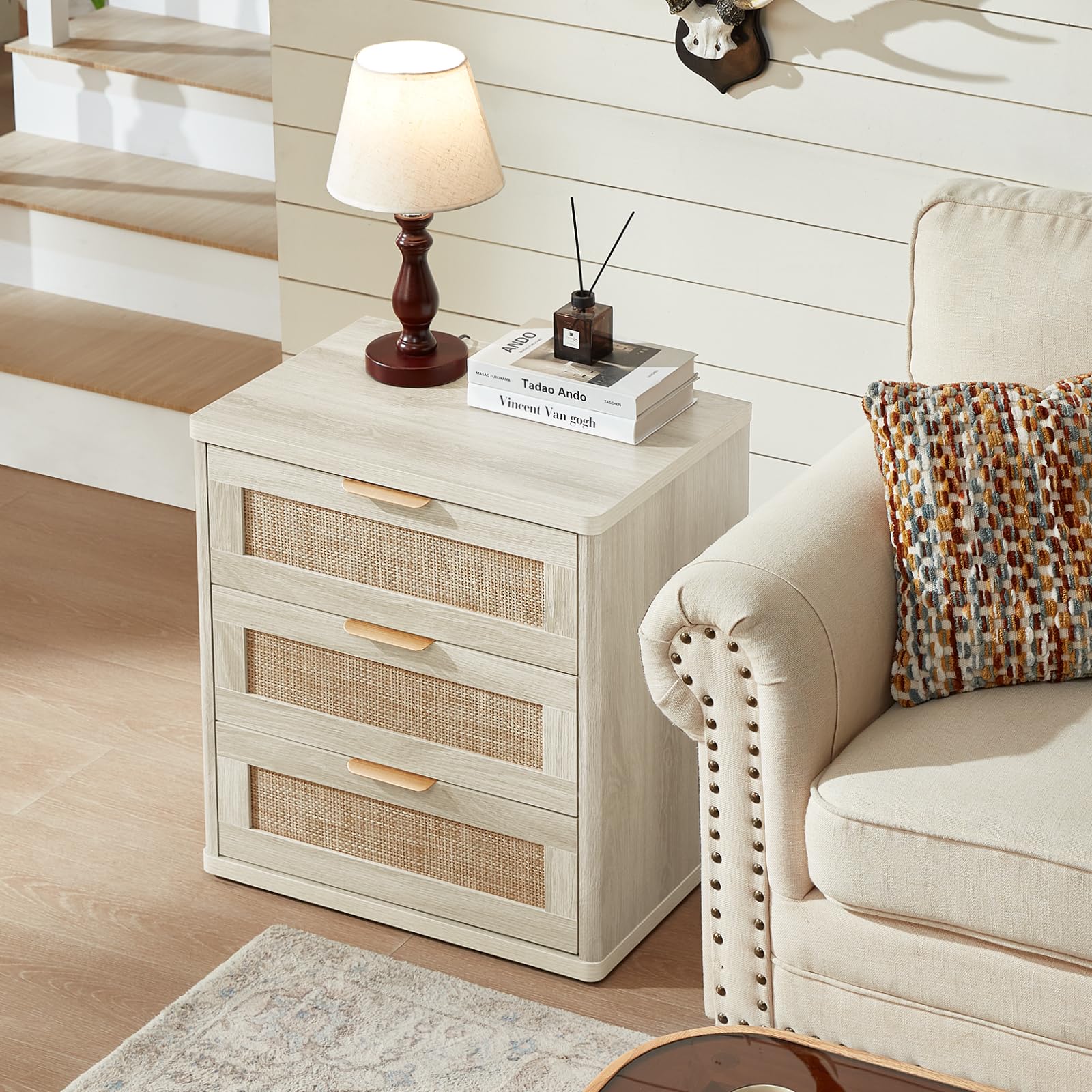 LEYAOYAO Rattan Dresser and Nightstand Sets 4 Piece, Grey White