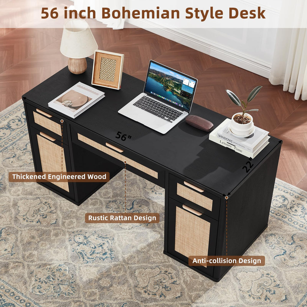 LEYAOYAO Office Desk 56" with 5 Drawers Storage File Cabinet, Natural